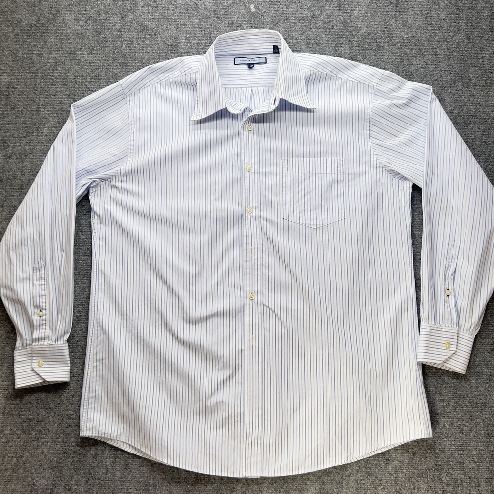 Tommy Hilfiger Dress Shirt Mens 17 34/35 XL Blue White Striped Button Up